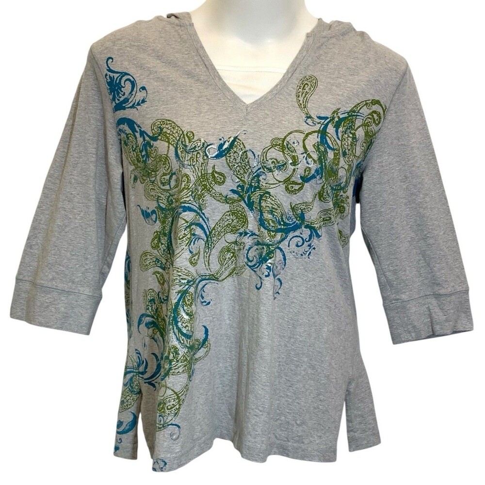 Style & Co Sport Hooded Top Womens Size 1X Gray Graphic Long Sleeve 3/4 Sleeve